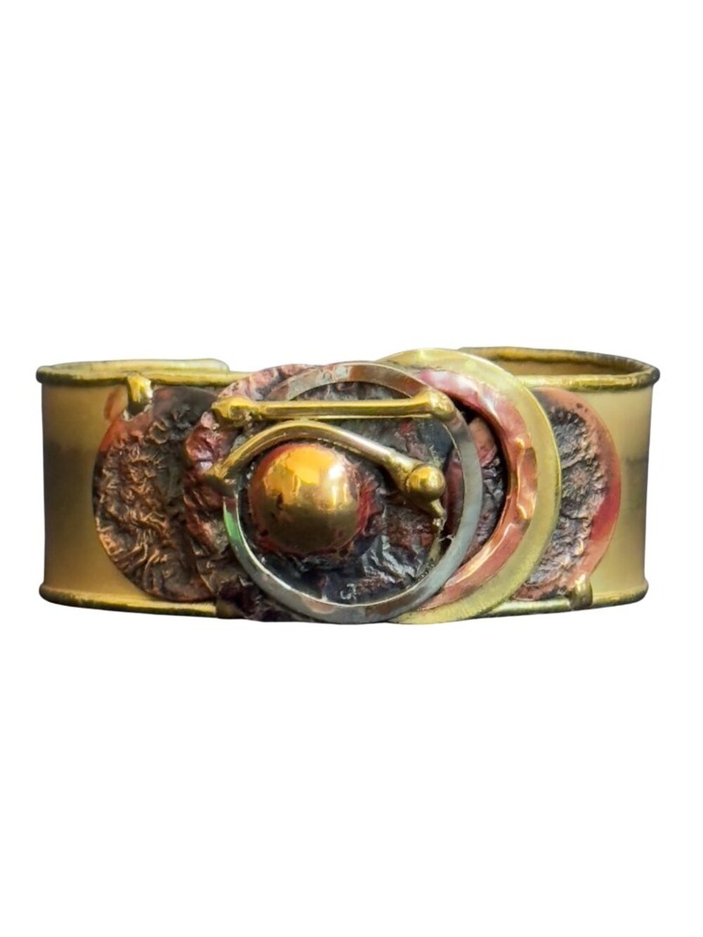 South Africian Hand-crafted Brass Cuff Bracelet Abstract Red Gold Metal Accents
